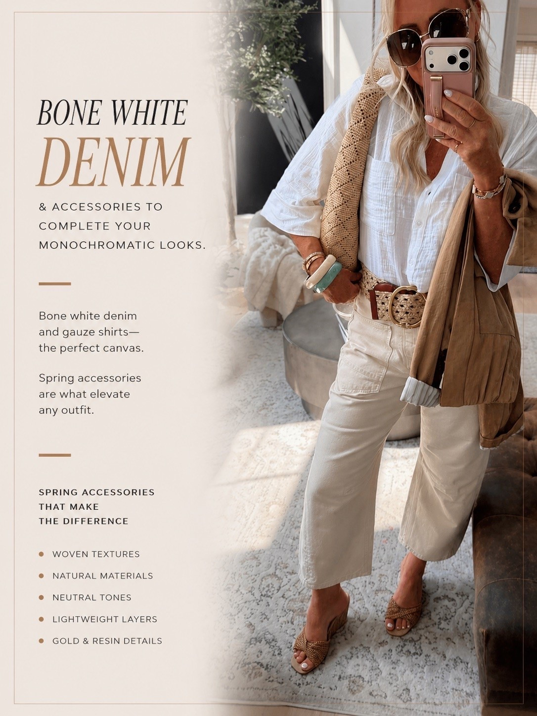 Bone white denim season 🤍✨  

There’s just something about creamy neutrals, woven textures, and gauzy layers that makes every outfit feel so elevated 🙌🏼  

These are the kind of effortless pieces you can mix and match all spring + summer long ☀️ everything is linked on my LTK!  

spring outfits 2026, neutral outfits, white denim, monochromatic style, woven accessories, casual chic, elevated basics, linen style

#LTKootd #LTKSeasonal