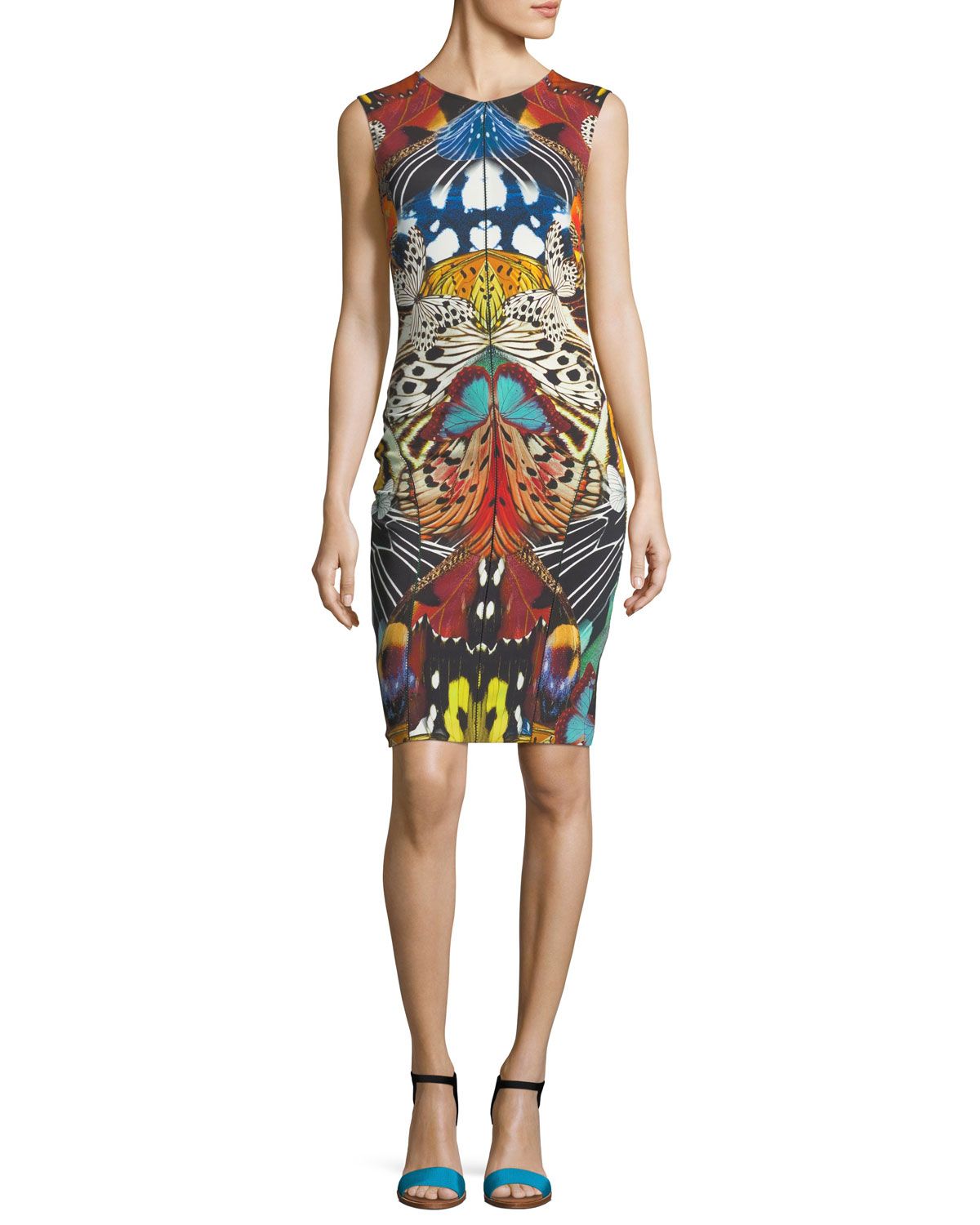Sleeveless Butterfly-Print Fitted Cocktail Dress | Neiman Marcus