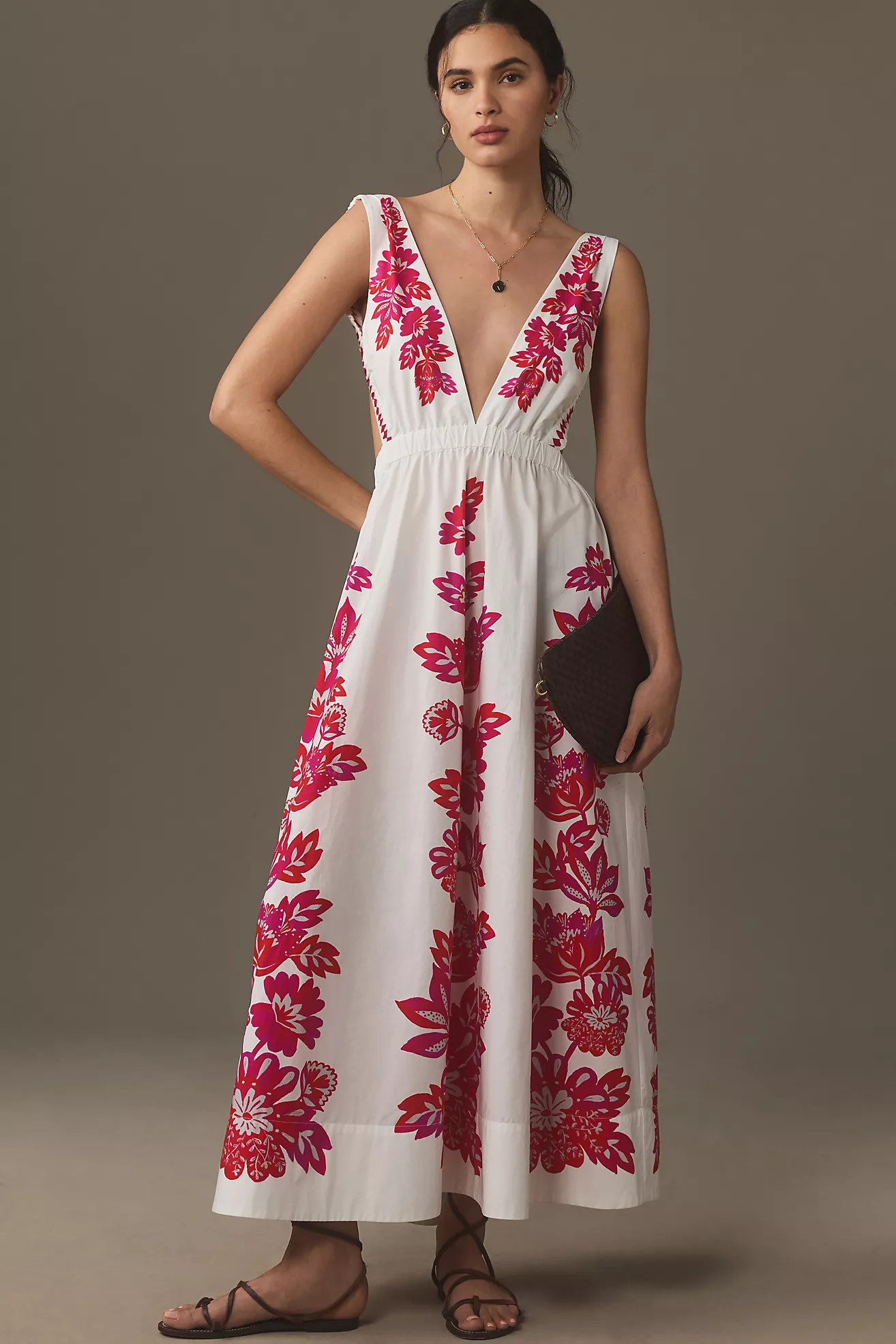 Farm Rio Flowerful Birds Plunge Open-Back Maxi Dress | Anthropologie (US)