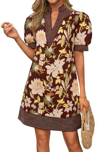 Wenrine Womens Summer V Neck Shift Dresses Casual Puff Short Sleeve Color Block Short Boho Beach ... | Amazon (US)
