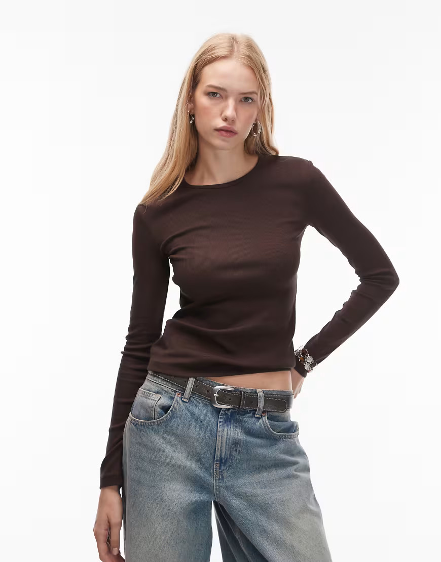 & Other Stories soft jersey rib knit long sleeve top in dark brown | ASOS (Global)