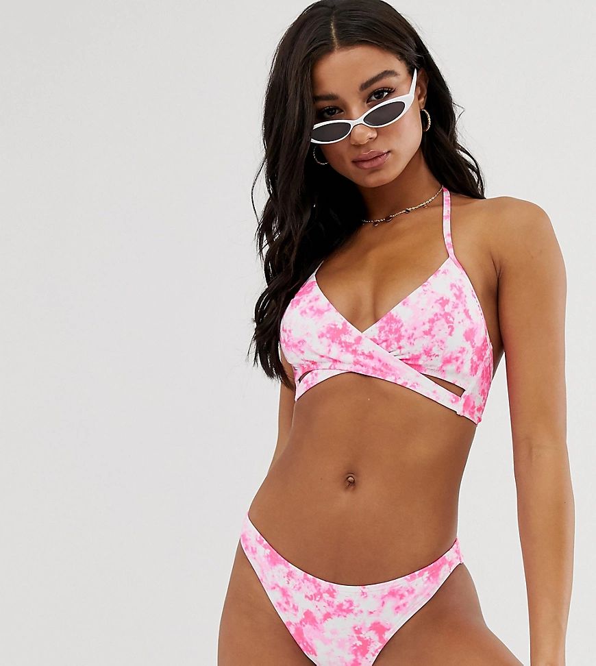 New Look wrap tie dye bikini top in pink | ASOS (Global)