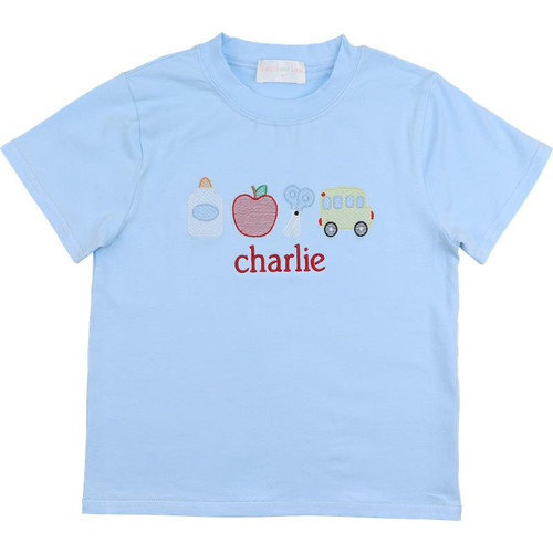 Blue Knit Embroidered Back To School Shirt | Cecil and Lou