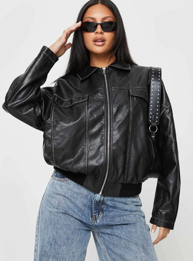Tanza Faux Leather Jacket Washed Black | Princess Polly AU