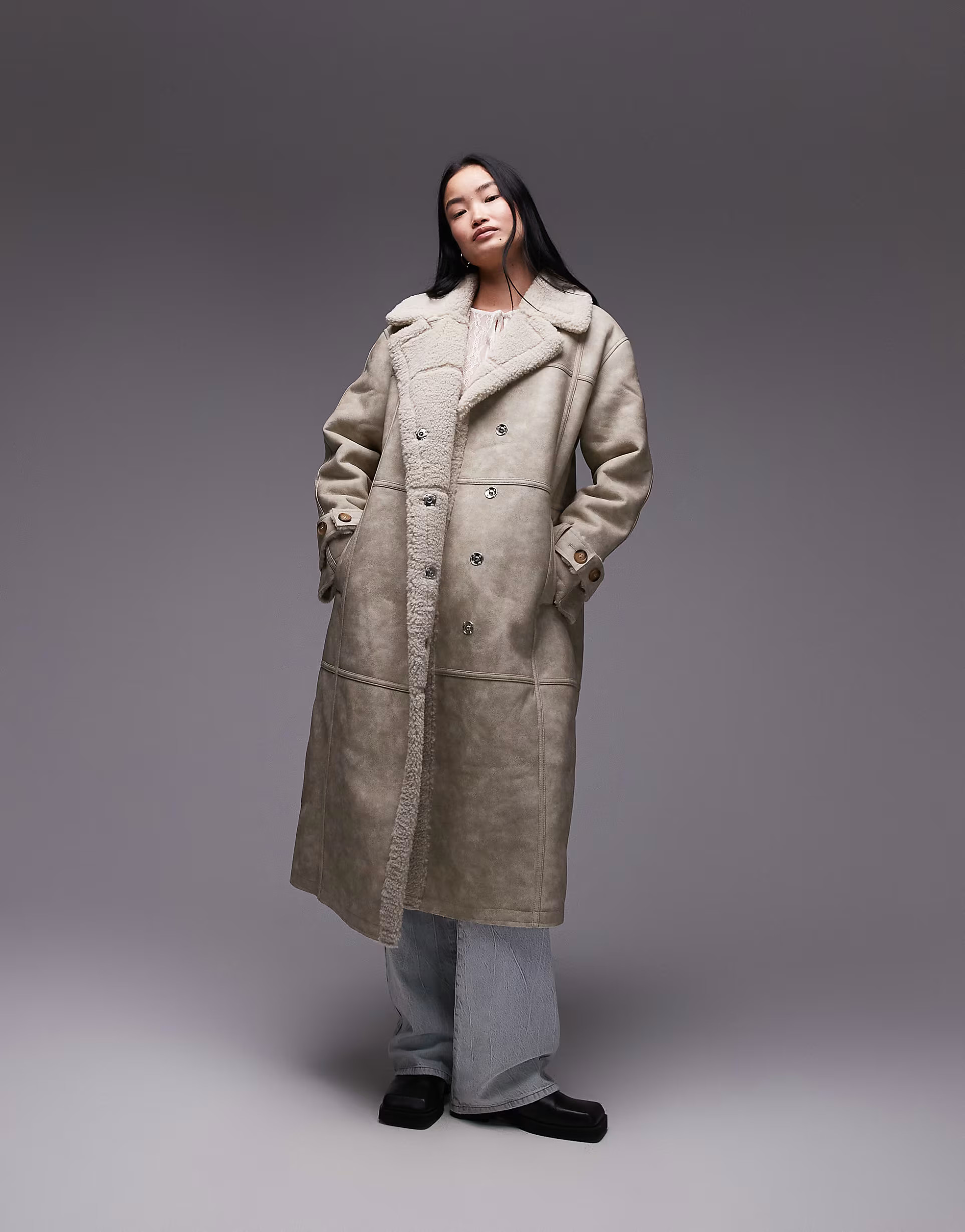 Topshop faux leather shearling longline aviator jacket in cream | ASOS (Global)