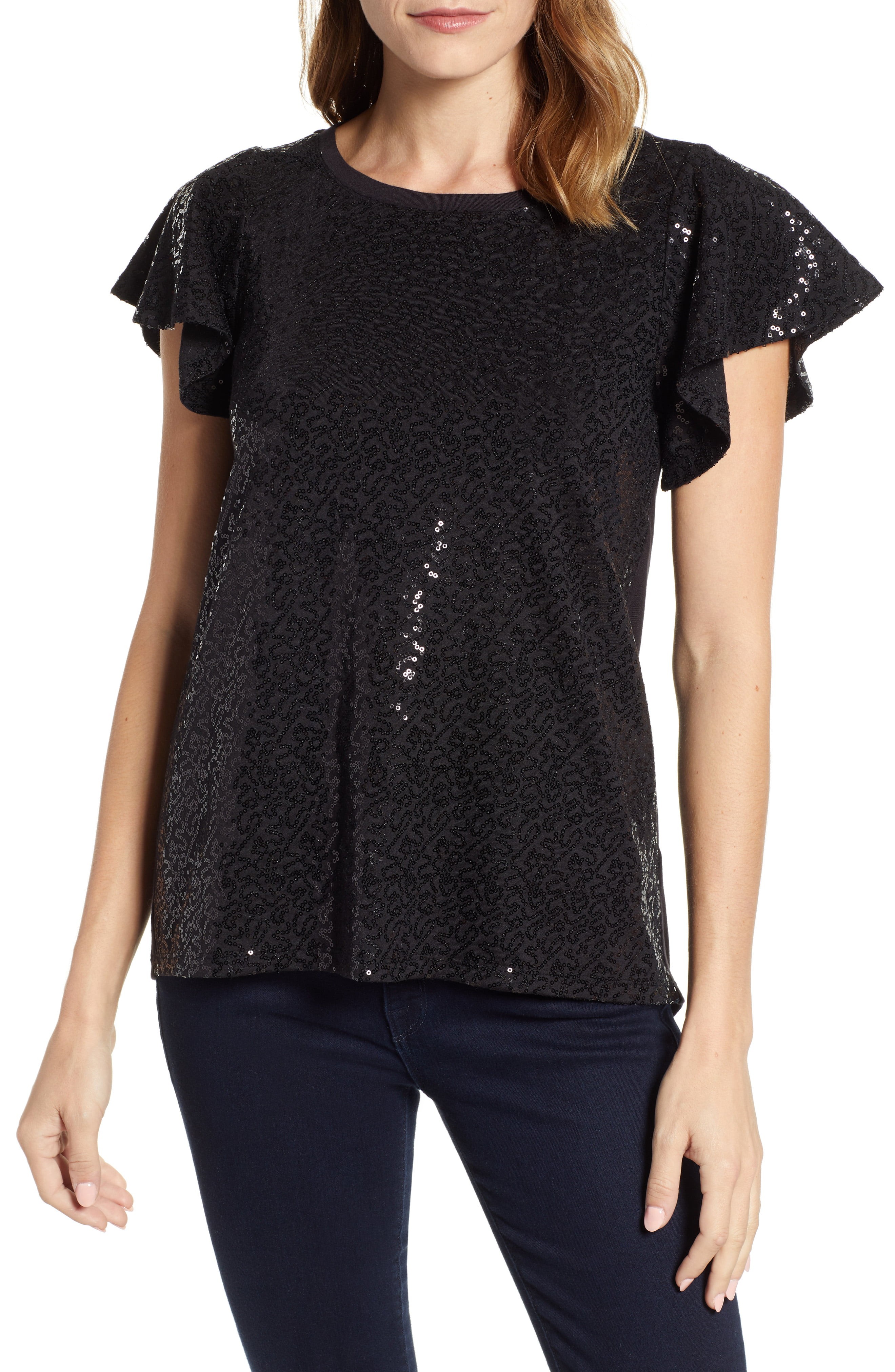 Gibson x Glam Squad Sequin Flutter Sleeve Top (Regular & Petite) (Nordstrom Exclusive) | Nordstrom