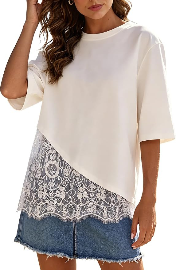 Womens Floral Lace Patchwork Hem T Shirt Short Sleeve Casual Top | Cotton Workout Y2K Round Neck ... | Amazon (US)