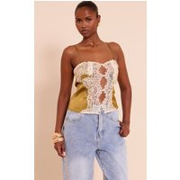 Olive Satin Lace Panel Strappy Cami Top | PrettyLittleThing US