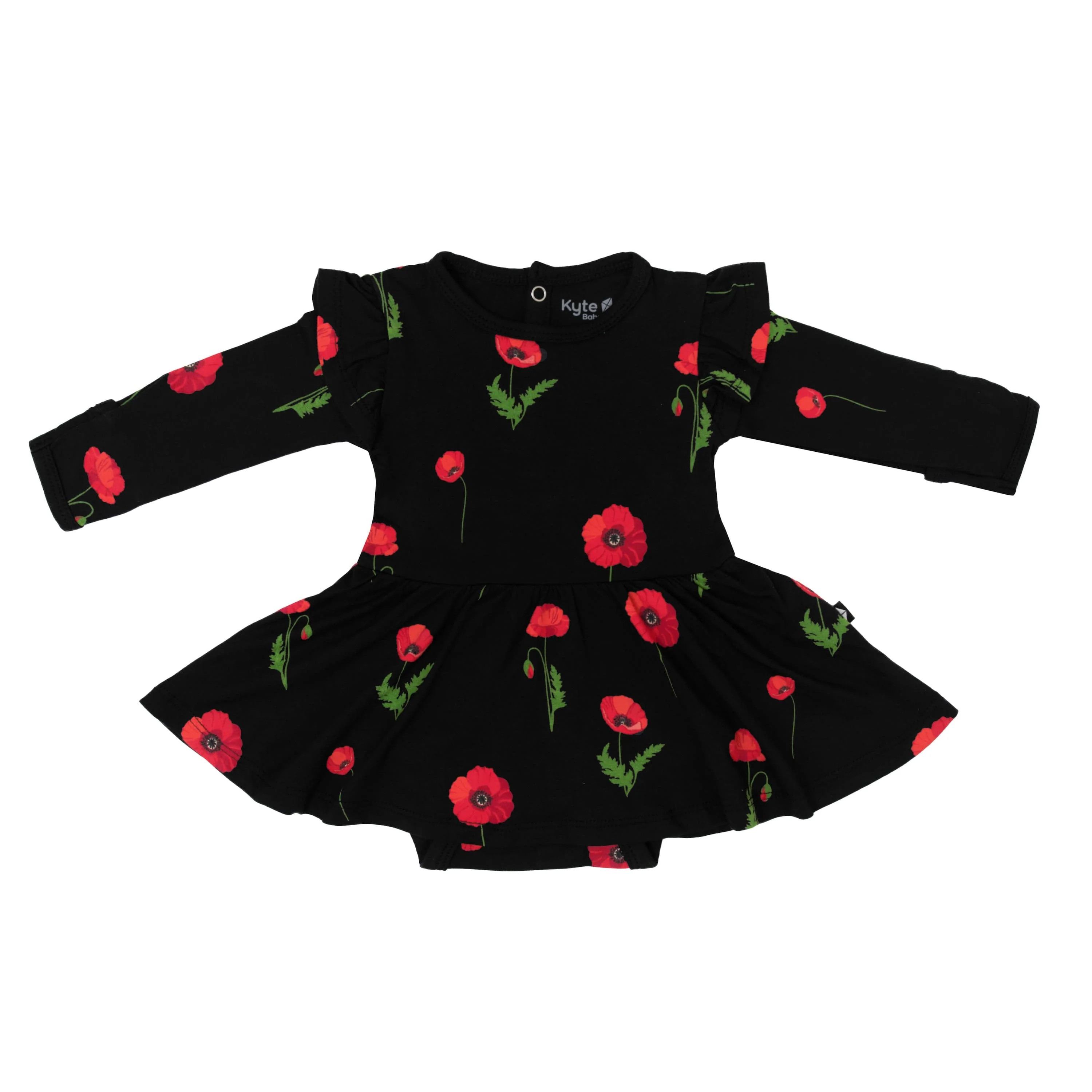 Long Sleeve Twirl Bodysuit Dress in Midnight Poppies | Kyte BABY
