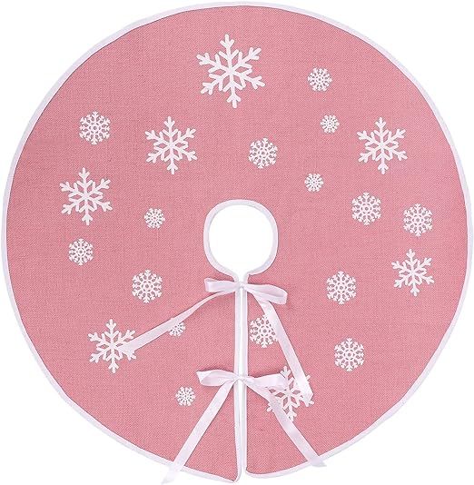 MACTING Christmas Burlap Tree Skirt, 30 inches Light Pink Tree Mat with White Snowflake Printed f... | Amazon (US)