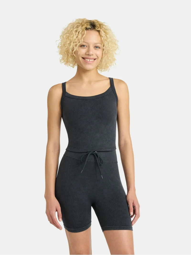 No Boundaries Seamless Shirttail Tank and Tie Front Bike Shorts Set, 2-Piece, Women's | Walmart (US)