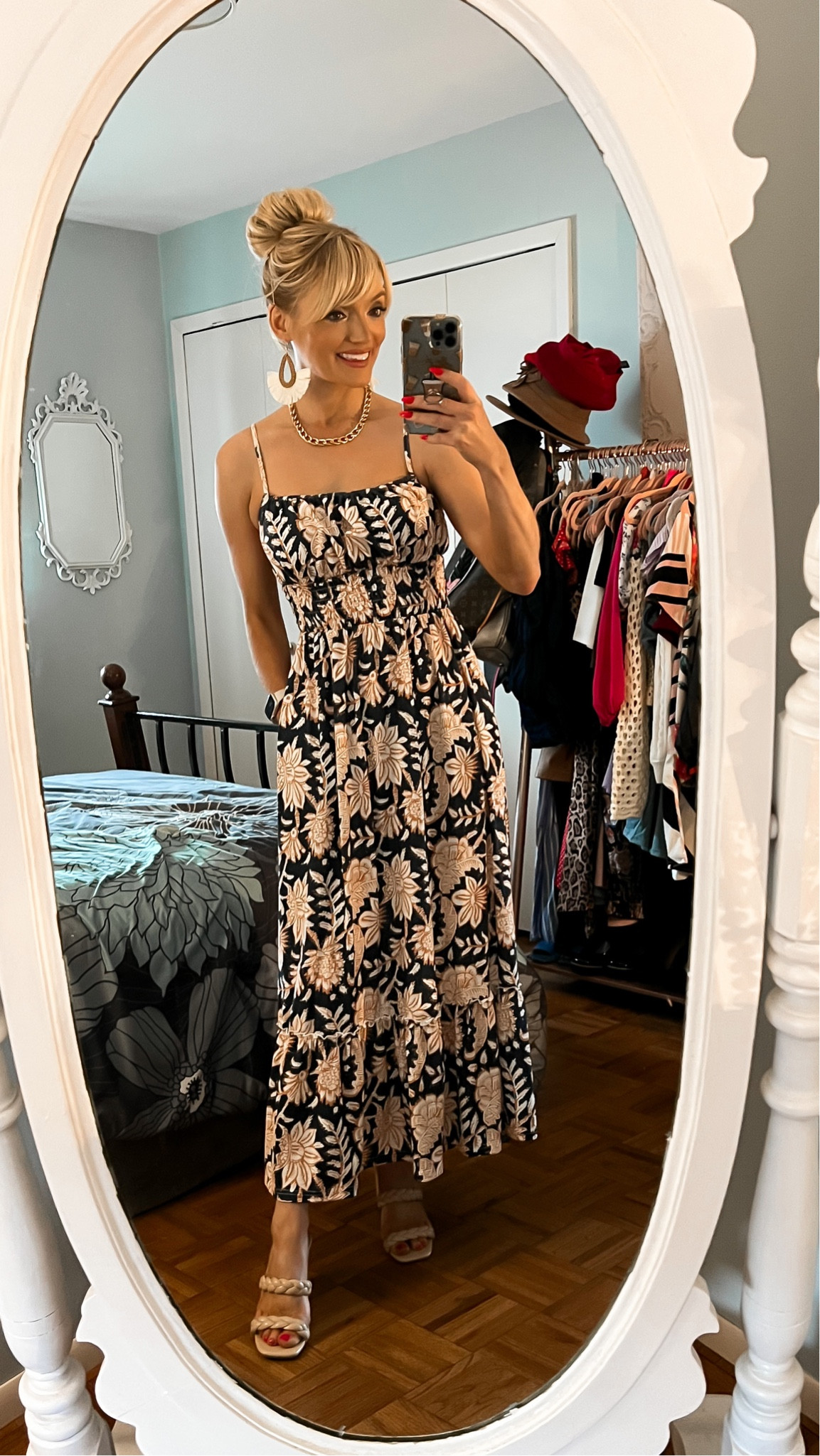 Blue print maxi dress $46.99 with a 10% coupon and 10% promo code B53JI9IN. While supplies last! Limited sizes available in this print. I am in a small. Other colors and prints available - braided heel sandals - fringe statement earrings - Amazon Fashion - Amazon finds - Amazon deal - Amazon deals - Amazon promo code - Amazon promo codes - Amazon coupon - Amazon coupons - summer dress - summer dresses - date night dress - date night outfit 

#LTKSeasonal #LTKsalealert #LTKunder50