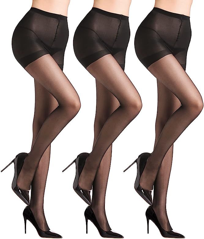 WAKUNA 3 Pairs Sheer Tights For Women 20D Pantyhose Control Top Invisible Reinforced Toes Black or N | Amazon (US)