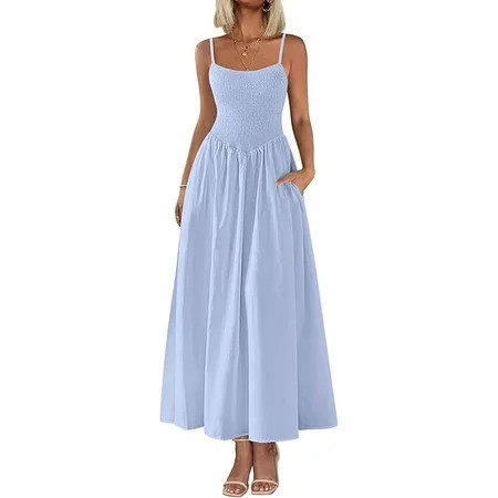PRETTYGARDEN Women's Smocked Maxi Dresses Summer Beach Sundress Casual Spaghetti Strap Swing A Line Long Flowy Dress | Walmart (US)