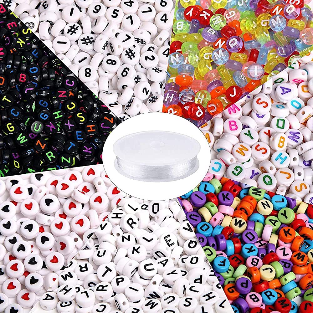 1900pcs 7 Colors Round Letter Beads Acrylic Alphabet Number Beads with 1 Roll Elastic Crystal Str... | Amazon (US)