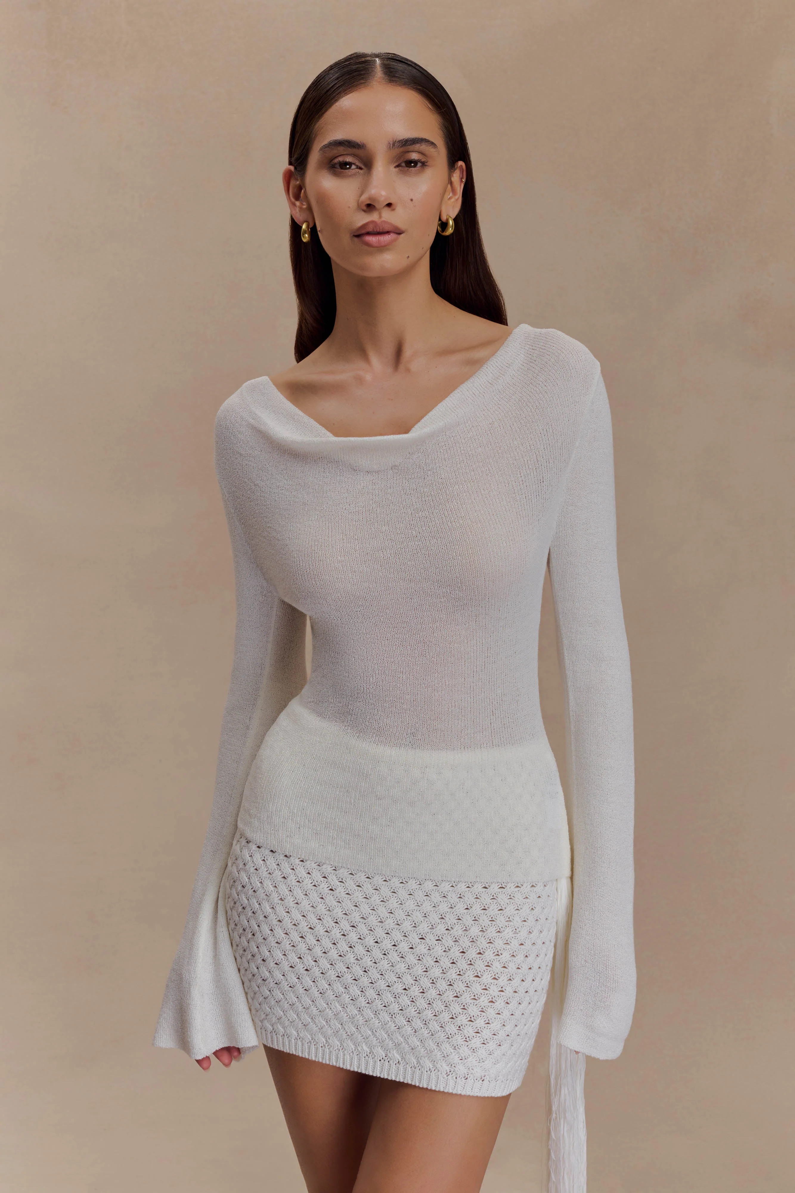 Elowen Knit Cowl Long Sleeve Top - White | MESHKI US