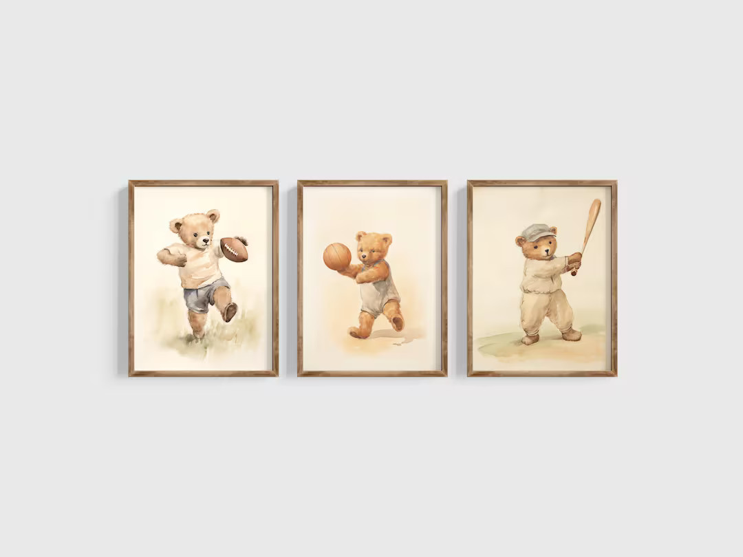 Teddy Bear Sports Nursery Decor Baseball Art Kid Sports Gallery Wall Nursery Teddy Bear Art Kids ... | Etsy (US)