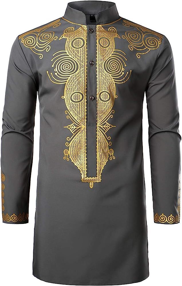 LucMatton Men's African Traditional Dashiki Luxury Metallic Gold Printed Mid Long Wedding Shirt G... | Amazon (US)