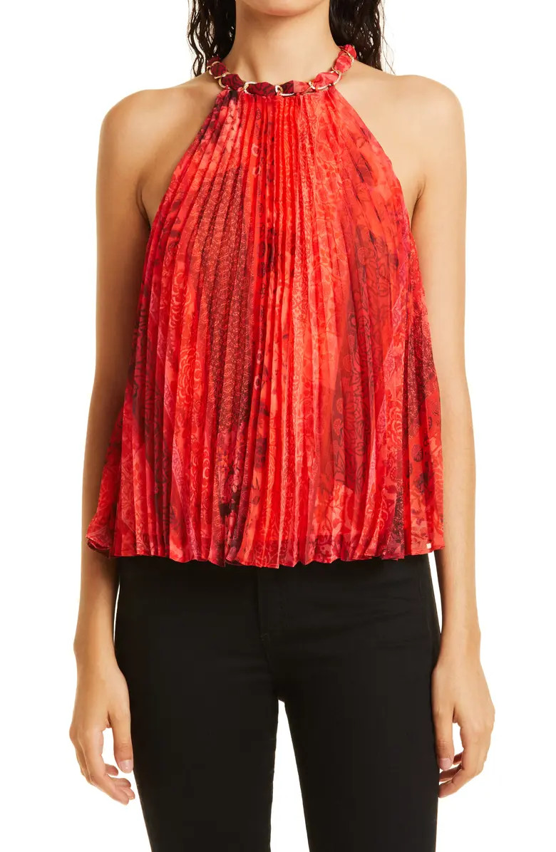 Alice + Olivia Alycia Sunburst Print Pleated Chain Neck Halter Top | Nordstrom | Nordstrom