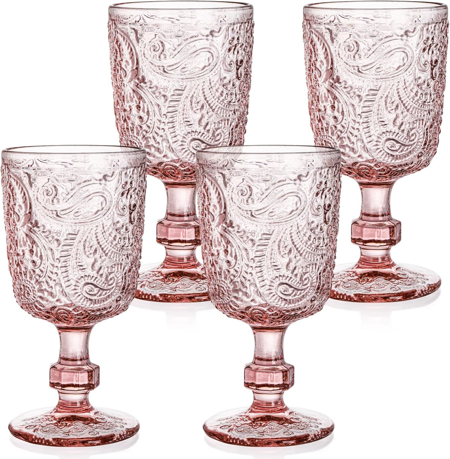 Tebery 4 Pack Pink Glass Wine Goblet Vintage, 10oz Colored Beverage Stemmed Glass Cups, Embossed ... | Amazon (CA)