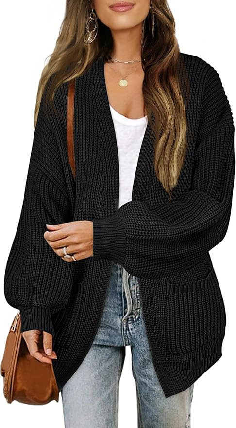 MEROKEETY Women's Fall Open Front Long Lantern Sleeve Cardigan Oversized Chunky Outwear with Pock... | Amazon (US)