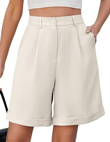 BBX Lephsnt Beige Dress Shorts for Casual Women Knee Length Bermuda Shorts Pleated Shorts Women High Waisted (Beige Large) | Amazon (US)