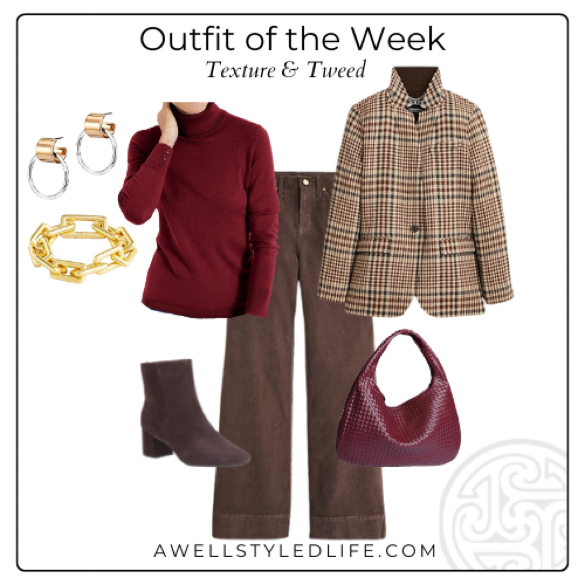 Burgundy turtleneck with brown corduroy pants, burgundy back, brown booties and tweed blazer  

#LTKShoeCrush #LTKSeasonal #LTKStyleTip