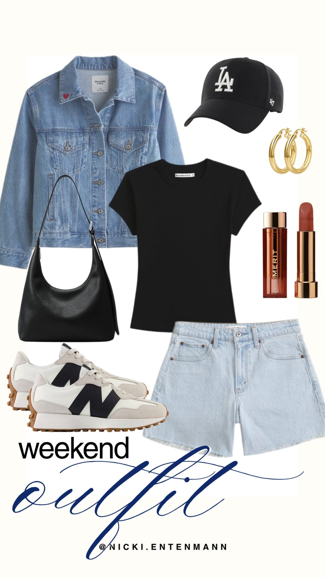 Stay cool and chic with this relaxed weekend outfit featuring a classic black tee, light wash denim shorts, denim jacket, and New Balance 327 sneakers styled with trendy accessories for effortless off duty vibes. #weekendoutfit #casualstyle #streetstyle #momstyle #newbalance327 #denimjacket #everydayfashion #offdutystyle #summeroutfit #modernliving 👟👜💄 

 #LTKdayinmylife #LTKootd #LTKSaleAlert