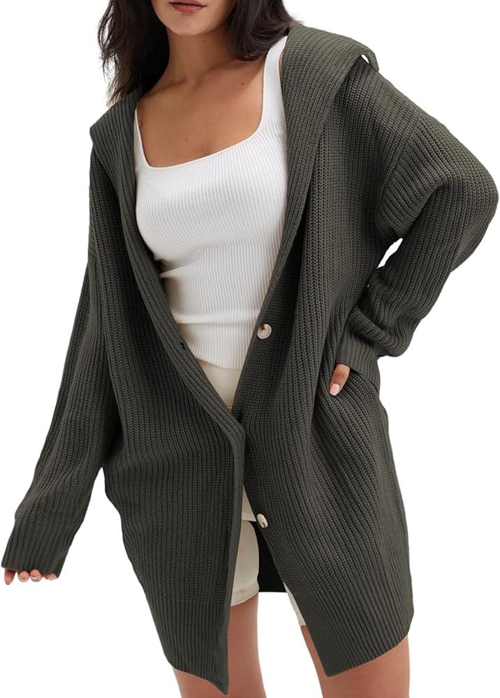 Women's Long Sleeve Open Front Cardigan 2023 Fall Casual Loose Button Down Lapel Knit Sweater Coa... | Amazon (US)