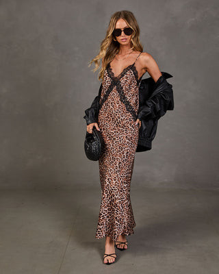 Under Her Spell Satin Lace Trim Animal Print Maxi Dress Leopard / XL | VICI