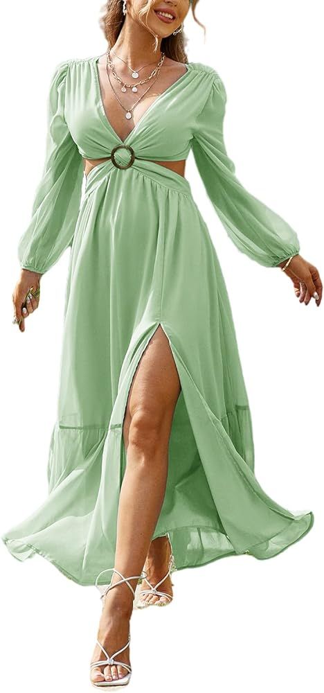 BerryGo Women's Cut Out Floral Flowy Maxi Dress Long Lantern Sleeve Sexy V Neck Tie Back Swing Long  | Amazon (US)
