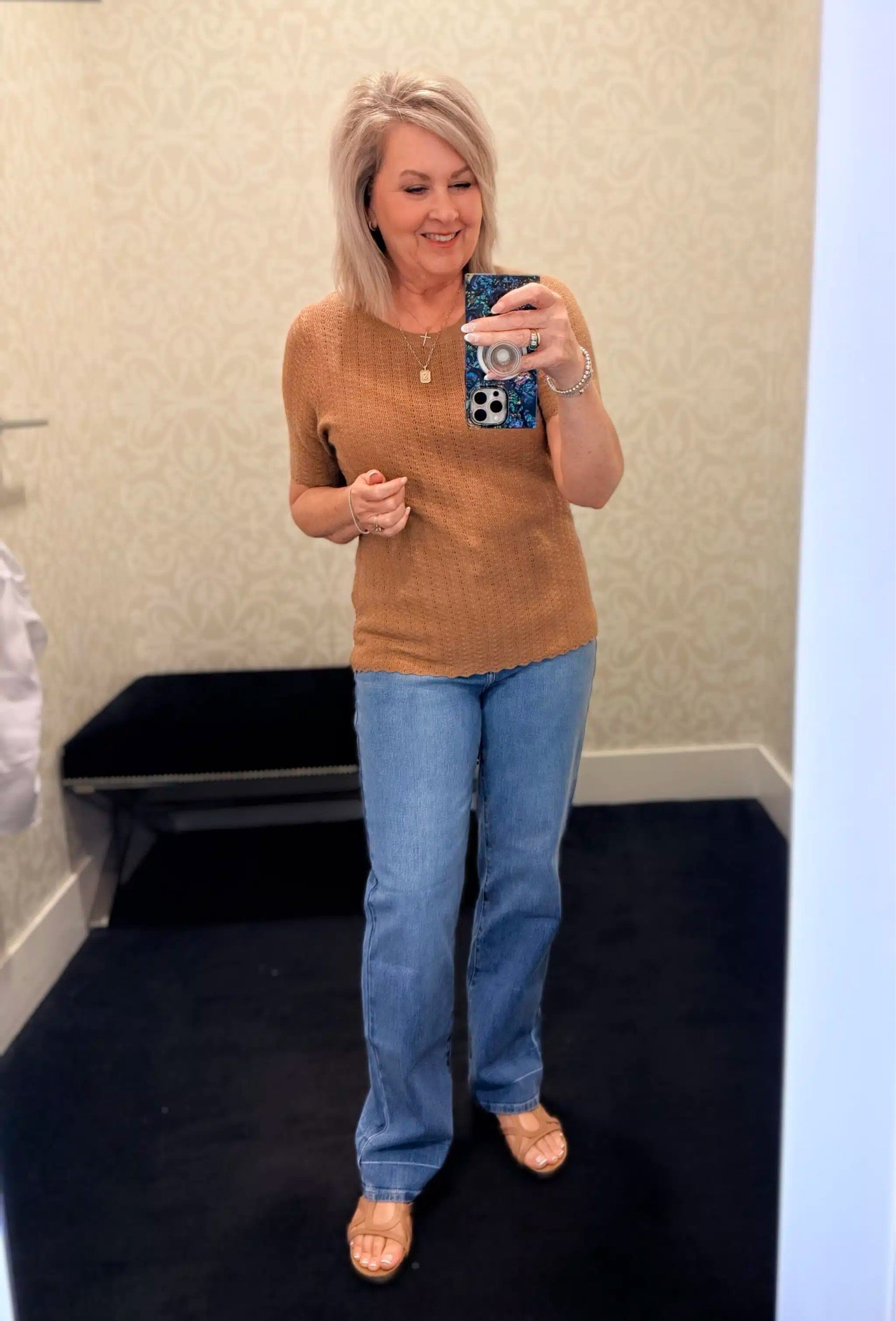 I’m wearing the same jeans, but have changed the top. The camel color of this top has me ready for fall, but it’s still a great option for late Summer.

#LTKootd #LTKOver40 #LTKWorkwear