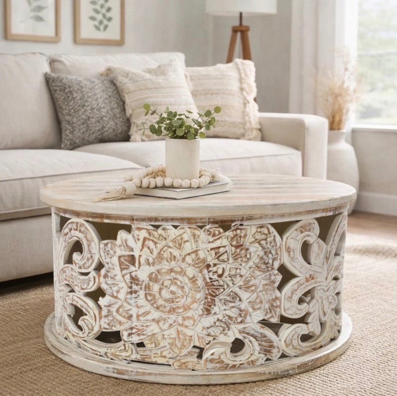 Coffee Table Handcrafted Mango Wood Floral Carved Cut Out Design Distressed White Finish 33 in

#LTKSeasonal #LTKHome #LTKSaleAlert
