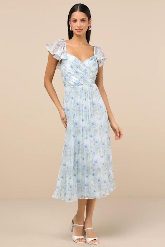 Gorgeous Presence Blue Floral Pleated Lace-Up Midi Dress | Lulus