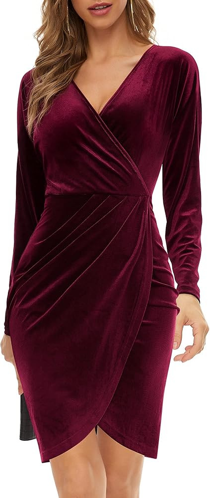 HUHOT Women Velvet Wrap V Neck Christmas Cocktail Long Sleeve Sexy Bodycon Split Wrap Ruched Midi... | Amazon (US)
