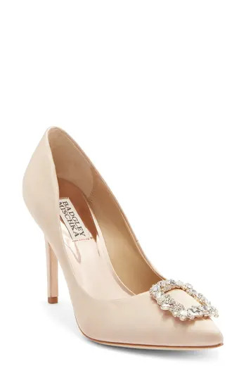Badgley Mischka Collection Cher Crystal Embellished Pump in Latte Satin at Nordstrom Rack, Size 5 | Nordstrom Rack
