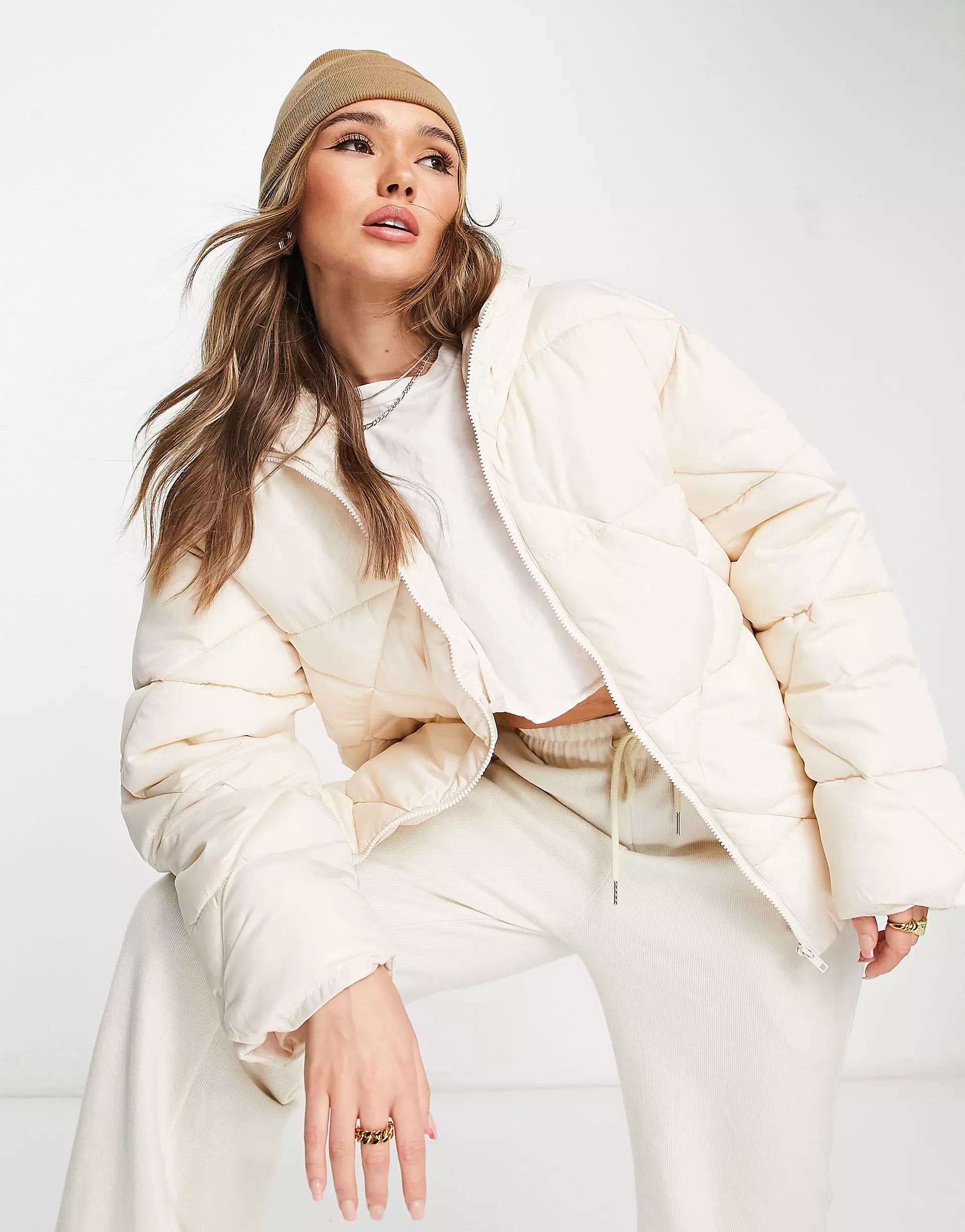 ASOS DESIGN quilted puffer jacket in cream | ASOS (Global)