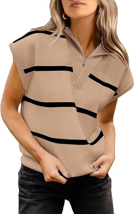 PRETTYGARDEN Women's 2024 Summer T Shirts V Neck 1/4 Zip Striped Knit Casual Basic Tee Tops | Amazon (US)