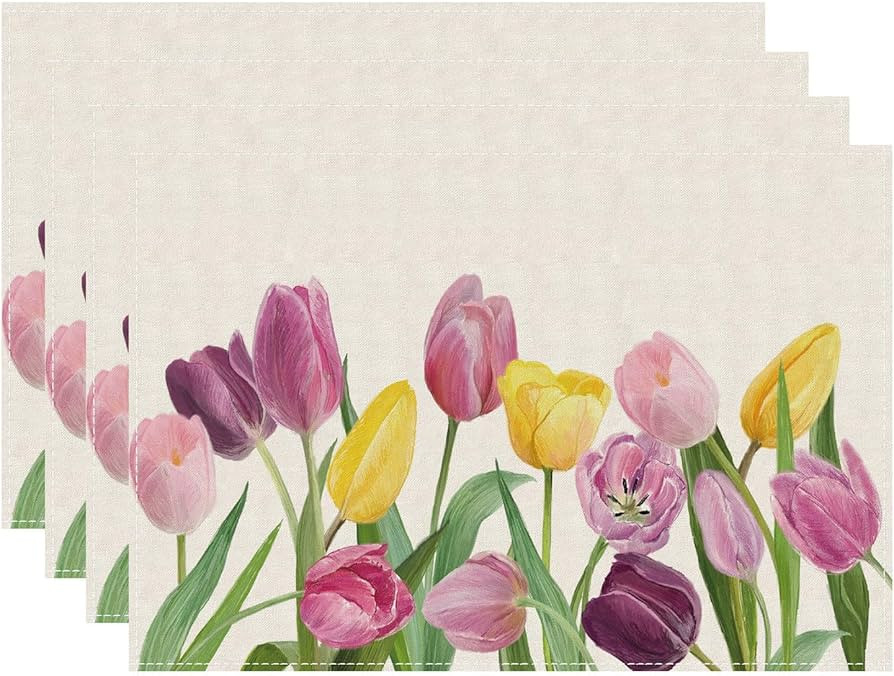 Pink Yellow Tulip Flowers Spring Summer Seasons Placemats Set of 4 Cloth Table Mats 12 x 18 Inch ... | Amazon (US)