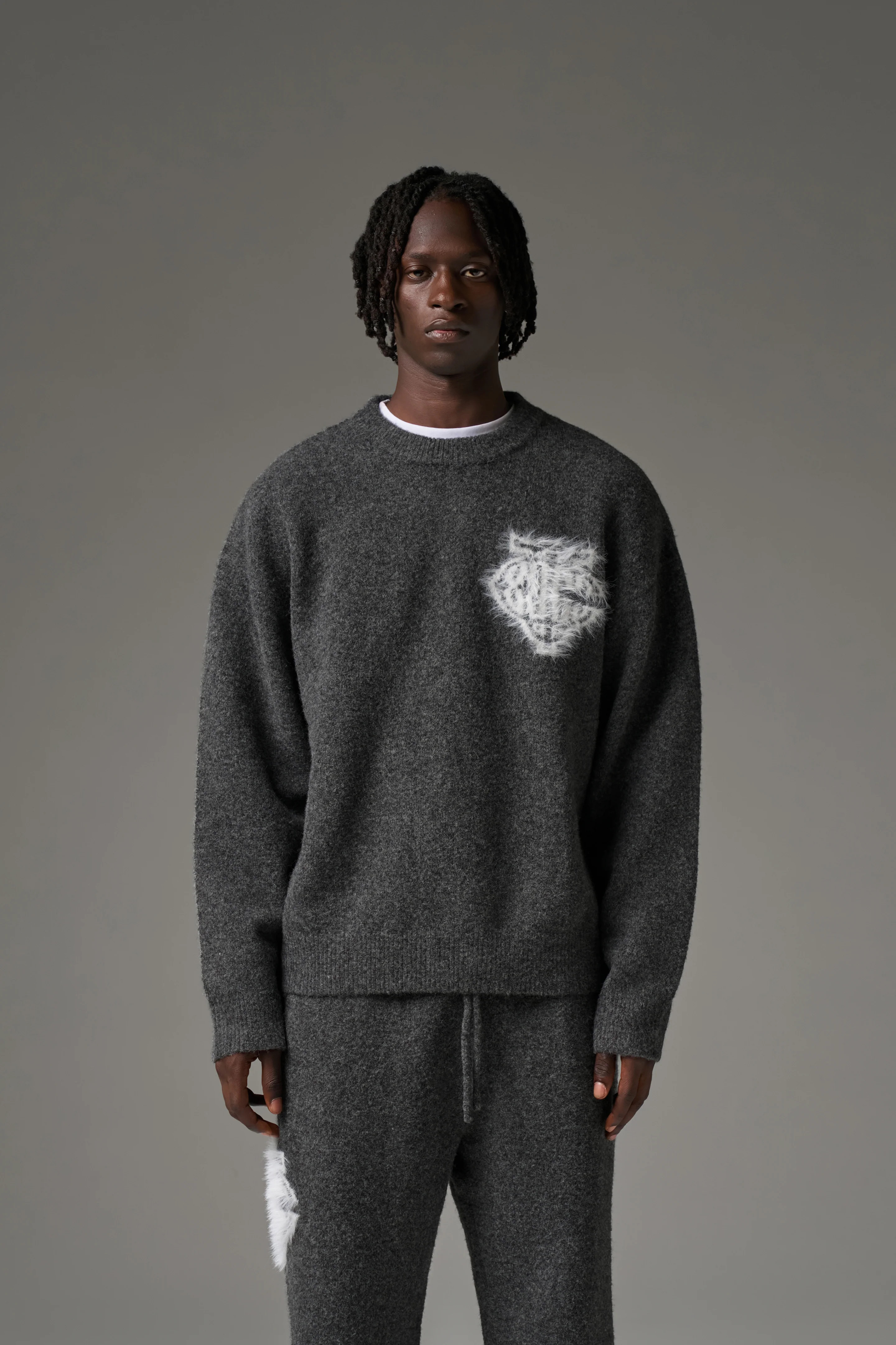 MONOGRAM FLUFFY KNIT CREW - CHARCOAL | The Couture Club