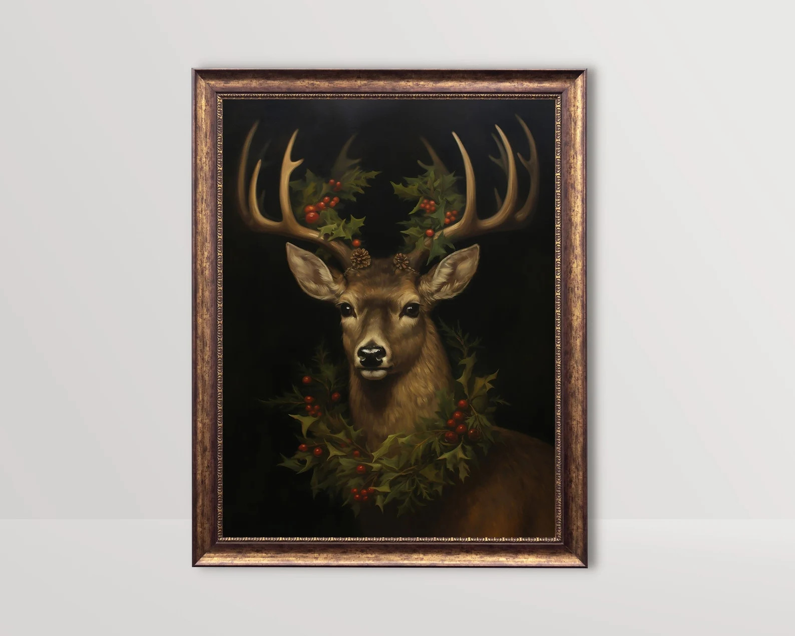 Majestic Christmas Reindeer Festive Wall Art, Rustic Holiday Decor Dark Winter Print Vintage Mood... | Etsy (US)