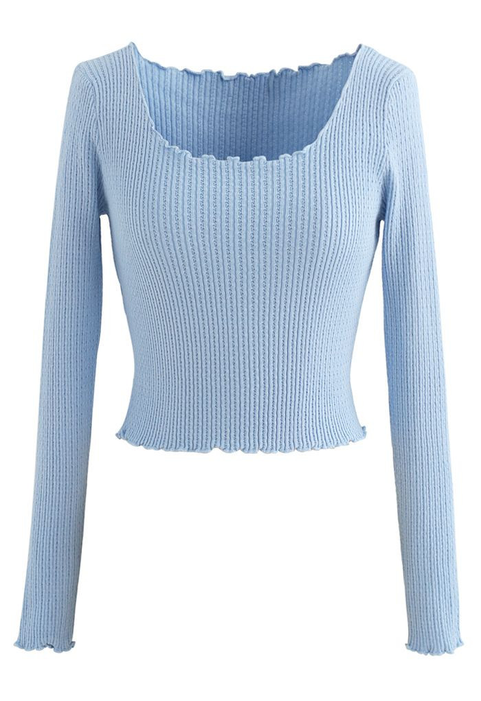 Lettuce-Hem Crop Knit Top in Blue | Chicwish