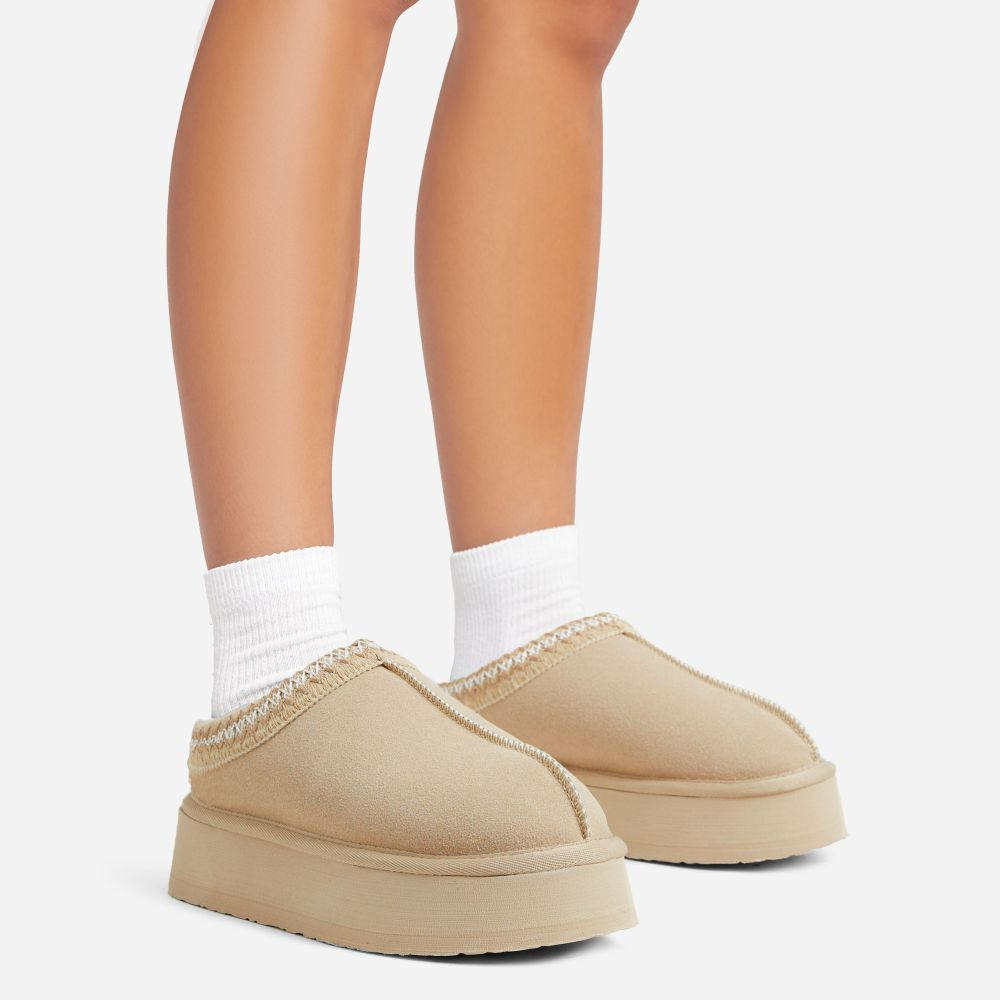 Tazmin Aztec Detail Faux Fur Lining Platform Slipper In Sand Faux Suede | EGO (UK)