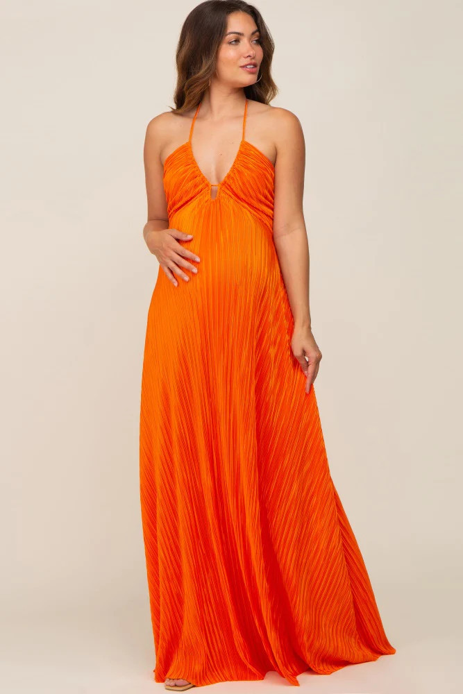 Orange Plisse Halter Back Tie Maternity Maxi Dress | PinkBlush Maternity