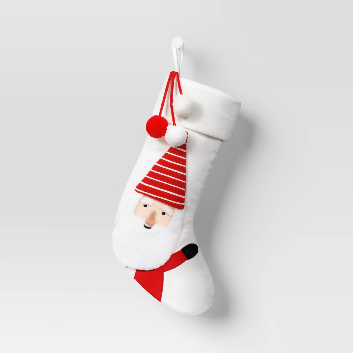 20" Santa in Striped Hat Christmas Stocking with Pom Poms White/Red - Wondershop™ | Target