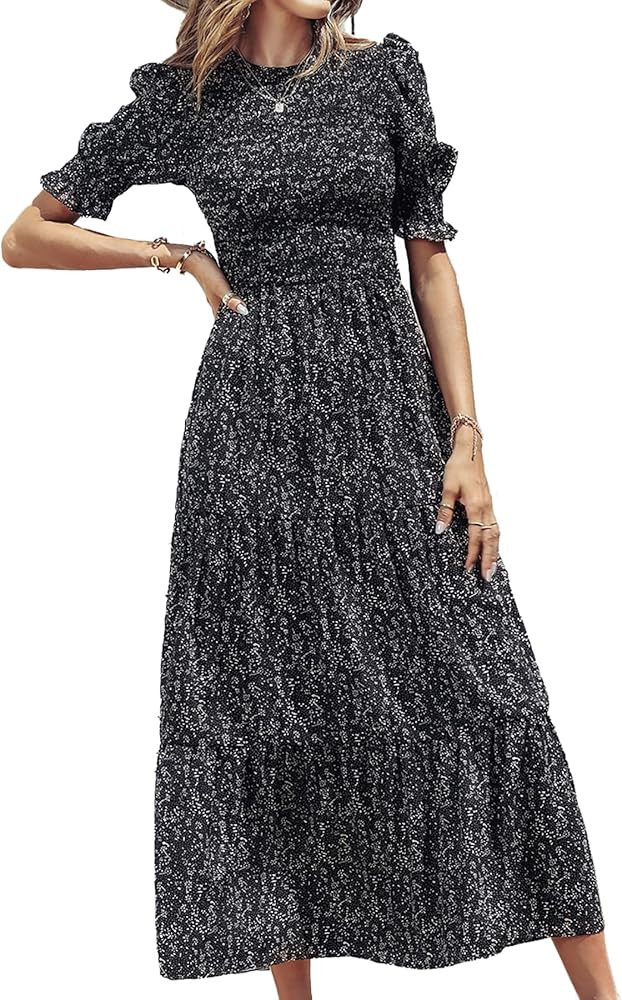 BTFBM Women Casual Summer Dresses 2023 Spring Crew Neck Ruffle Short Sleeve Floral Leopard Smocked B | Amazon (US)