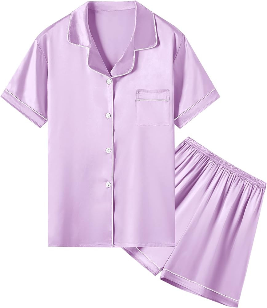 Umeyda Women & Girls Pajamas Set, Soft Satin Lightweight Silk Button-Down Top with Shorts 2 Piece... | Amazon (US)