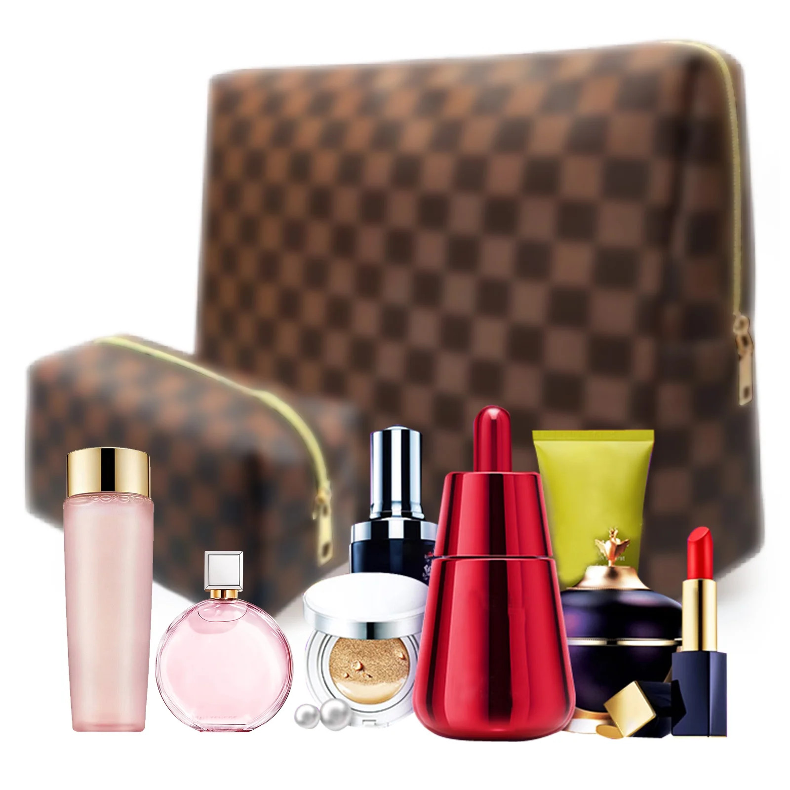 SEMEZUXX 2 Pcs Checkered Makeup Bags Travel Cosmetic Bag Waterproof Leather Toiletry Bag Brown | Walmart (US)