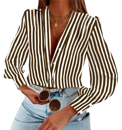 Flowyair Women's Casual Striped Shirts Puff Long Sleeve V Neck Silk Button Down Top Blouses | Amazon (US)