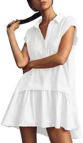 Fisoew Womens Summer Sweatshirt Dresses Short Sleeve V Neck Casual Oversized Patchwork Mini Dress | Amazon (US)